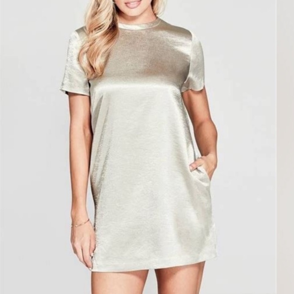 MARCIANO Guess Chloe Tshirt Dress Metallic Short Sleeve Crew Neck Mini Shift S